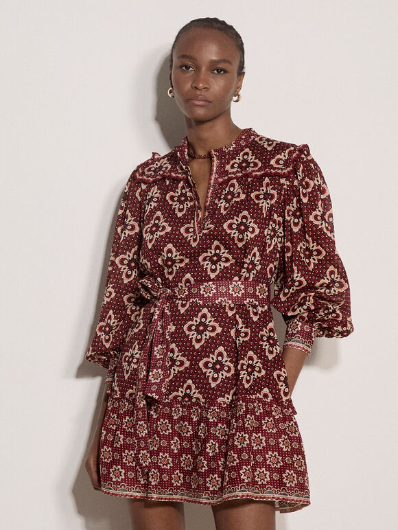 Tile Print Shift Mini Dress, Burgundy, large