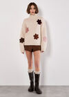 Embroidered Flower Chunky Knit Jumper, Stone, large