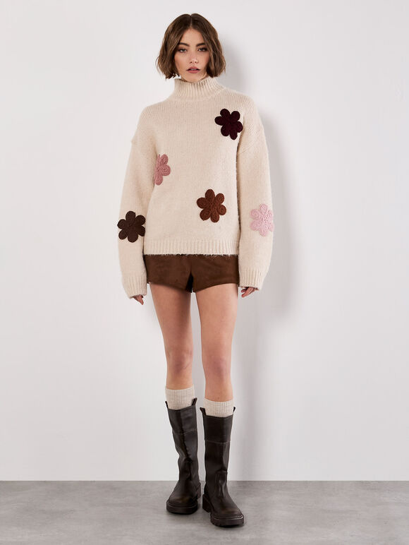 Embroidered Flower Chunky Knit Jumper, Stone, large