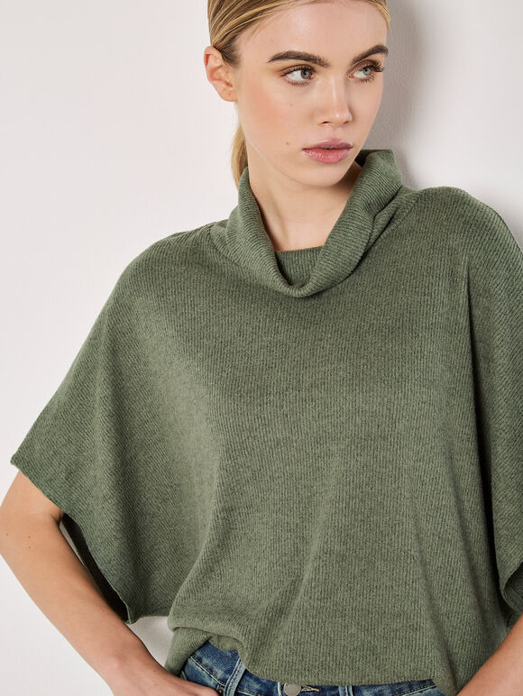 Roll Neck Ribbed Cape, Khaki, large