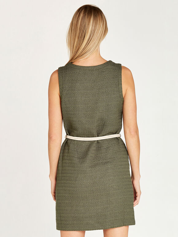 V Neck Rope Tie Tweed Tunic, Khaki, large