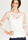 Corded Lace Bell Sleeve Top, White, large