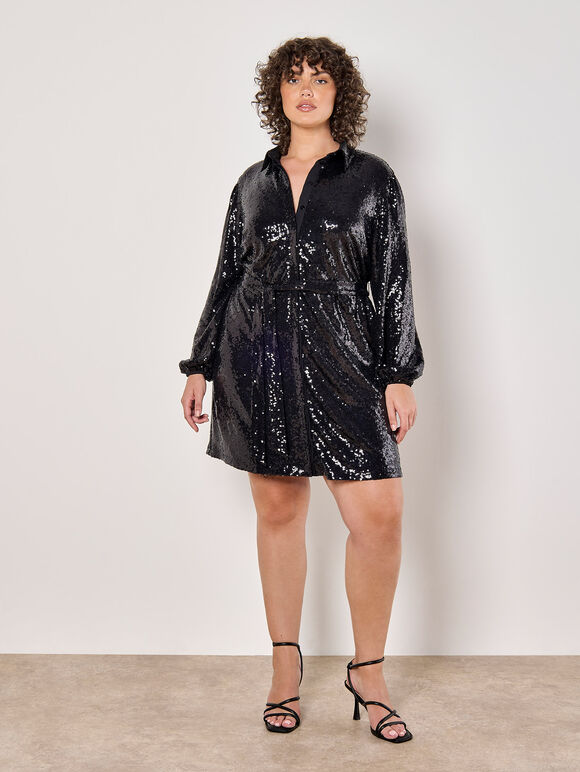 Curve Sequin Shirt Mini Dress, Black, large