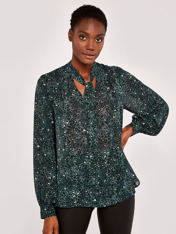 Leopard Pussybow Blouse, Green, large