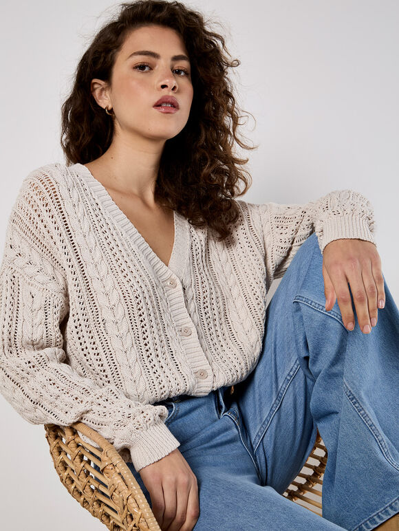 Crochet Cable Cardigan, Stone, large