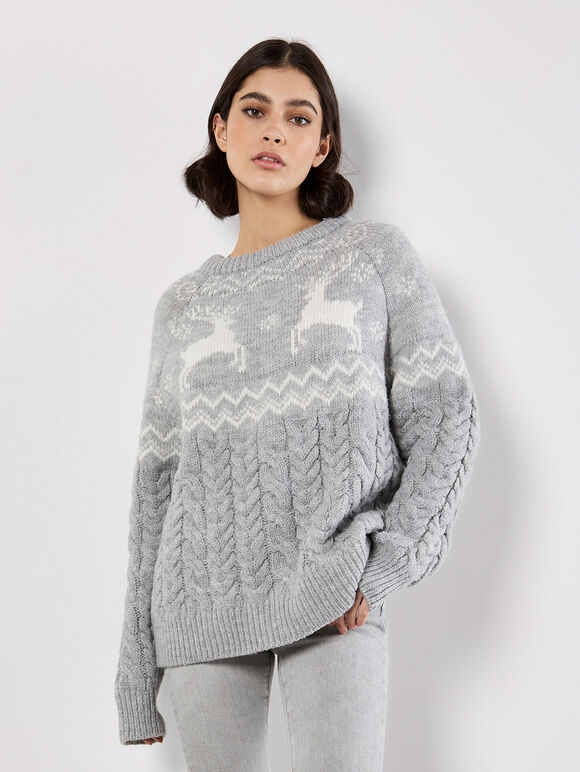 Reindeer Chunky Cable Knit Jumper, Grey, large