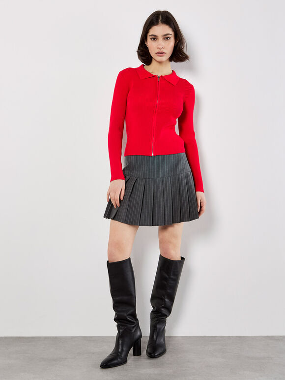 Zip Through Ribbed Knit Cardigan, Red, large