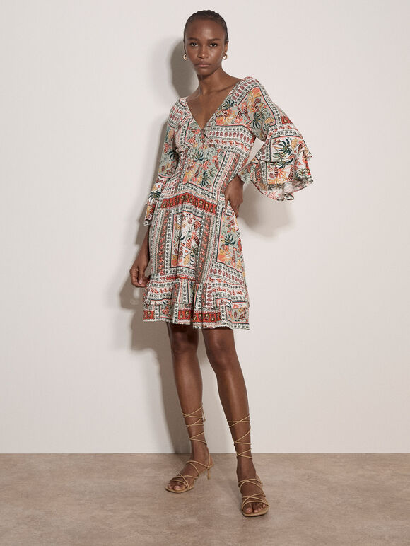 Patchwork Print Smocked Mini Dress, Mint, large