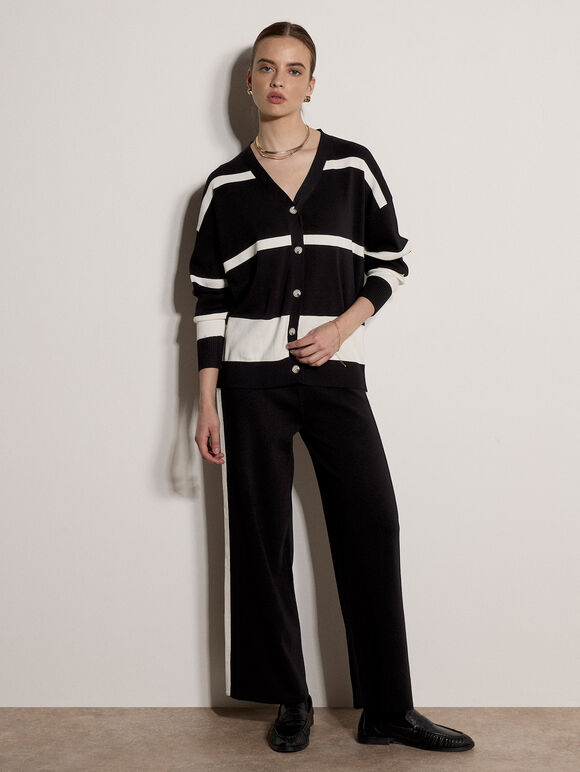 Monochrome Stripe Wide-Leg Knitted Trousers, Black, large