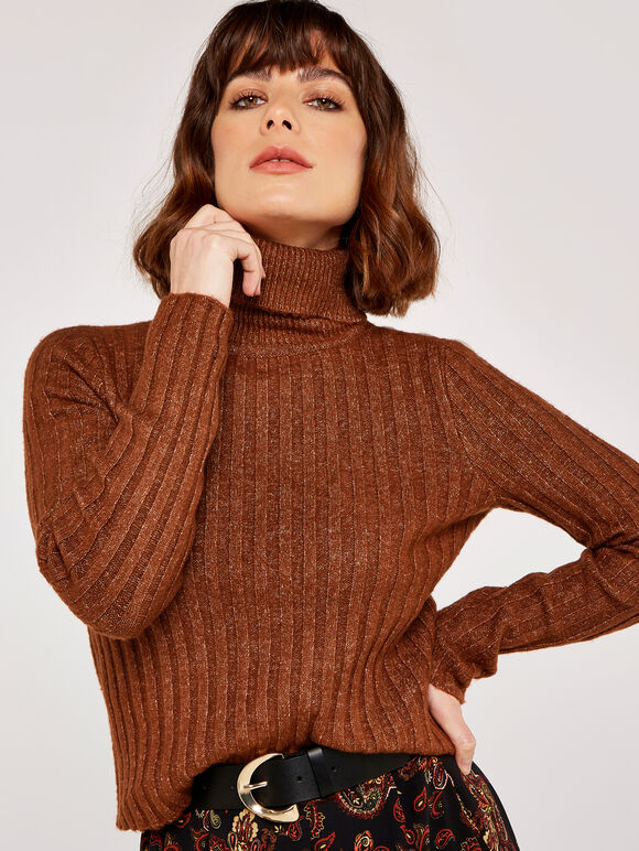 Ribbed Roll Neck Jumper, Rust, large