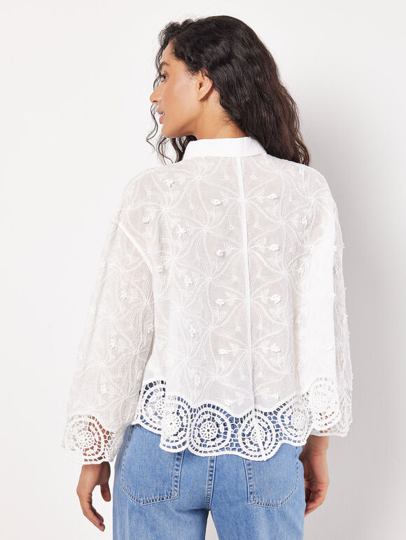 Textured Cotton Floral Crochet Blouse, White, large