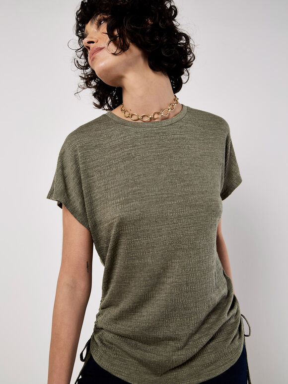 Textured Jersey Side Ruched T-Shirt, Khaki, large