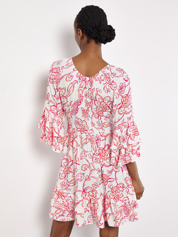 Floral Smocked Ruffle Mini Dress, Pink, large
