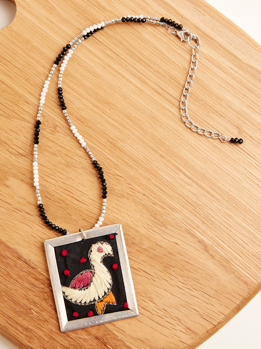 Image of Silver Tone Embroidered Bird Beaded Necklace
