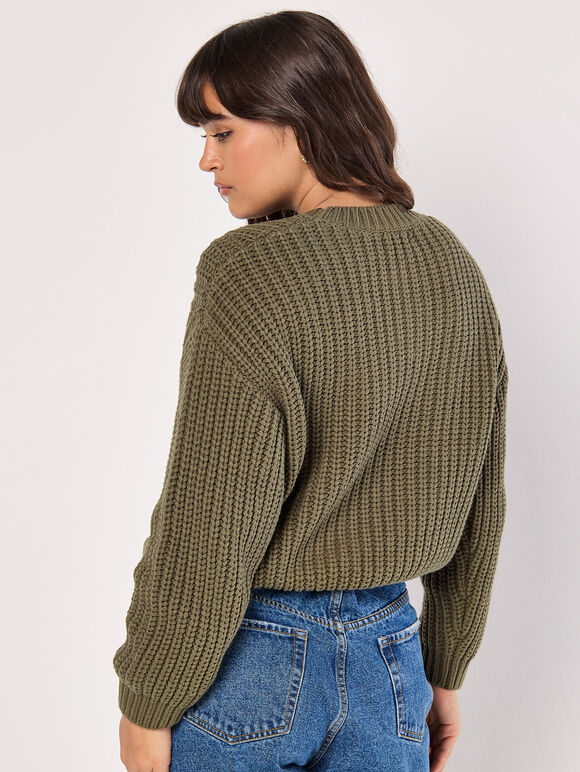 Chunky Cable Knit Jumper, Khaki, large
