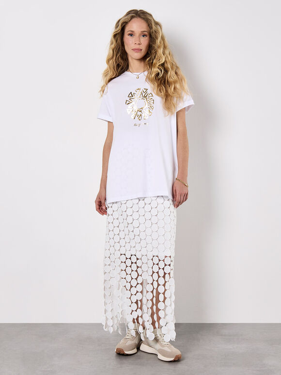 Guipure Circle Lace Fringe Maxi Skirt, Cream, large