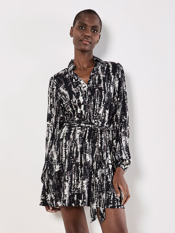 Tie Dye Stripe Shirt Mini Dress, Grey, large