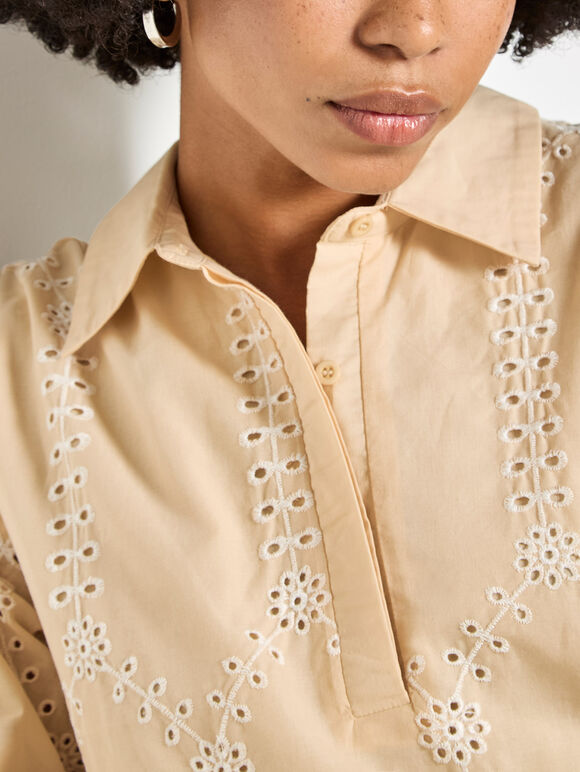 Broderie Anglaise Cotton Swing Mini Dress, Stone, large