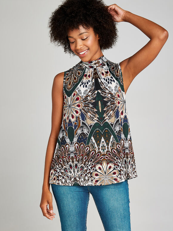 Green  Peacock Feather High Neck Top, Green, large