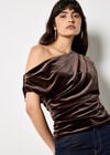 Draped One-Shoulder Asymmetric Velvet Top, Brown, large