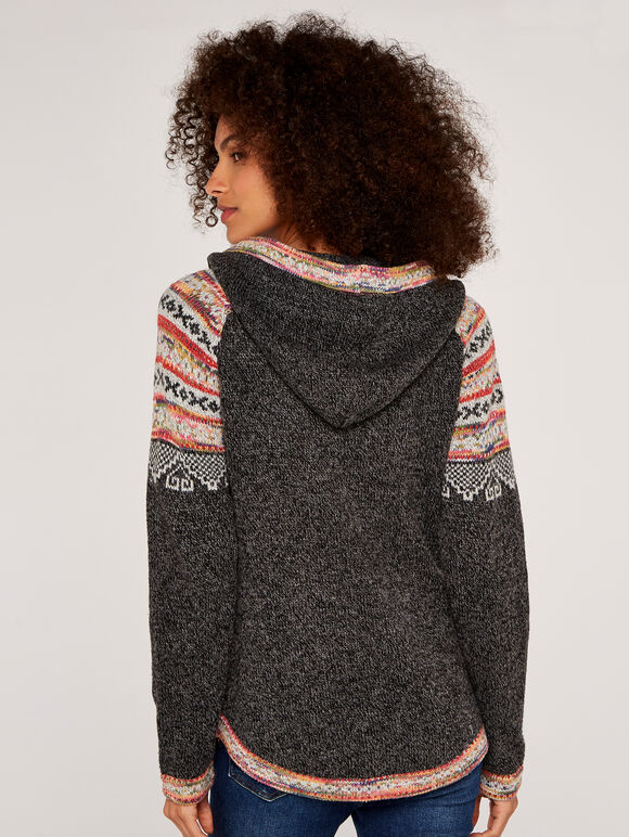 Aztec Knitted Hoodie, Grey, large