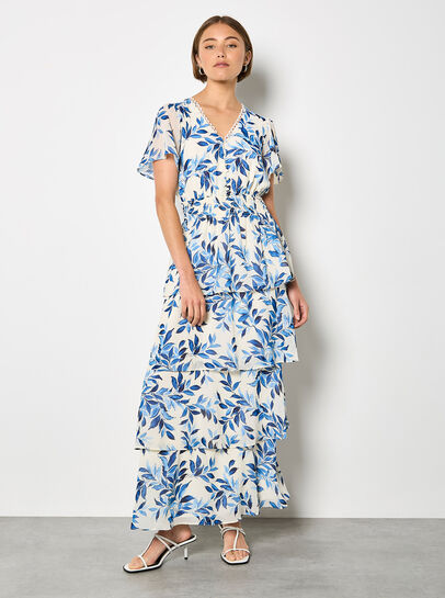 Watercolour Leaves Chiffon Tiered Maxi Dress
