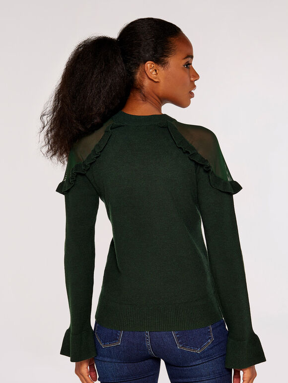 Mesh Ruffle Shoulder Jumper, Green, large