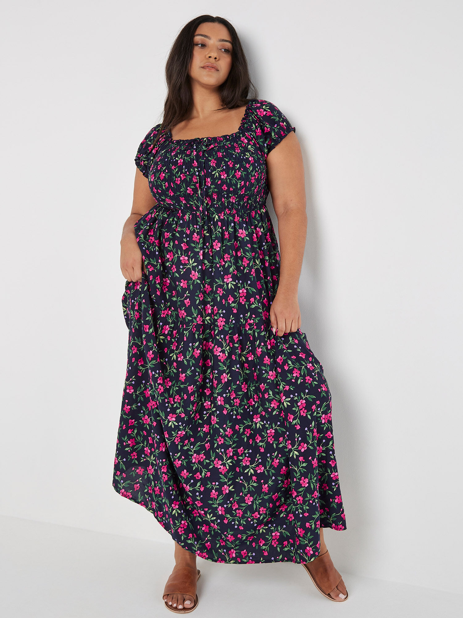 Curve Ditsy Floral Milkmaid Maxi Dress Apricot Clothing