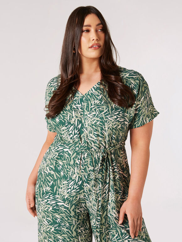 Curve Leaf Print Jumpsuit, Green, large