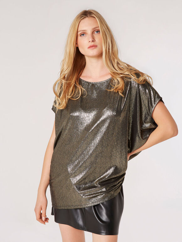 Oversized Metallic Sparkle Top, Yellow, large