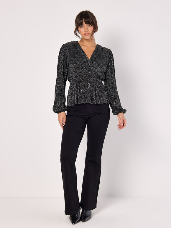 Metallic Spot Plisse Peplum Wrap Top, Black, large