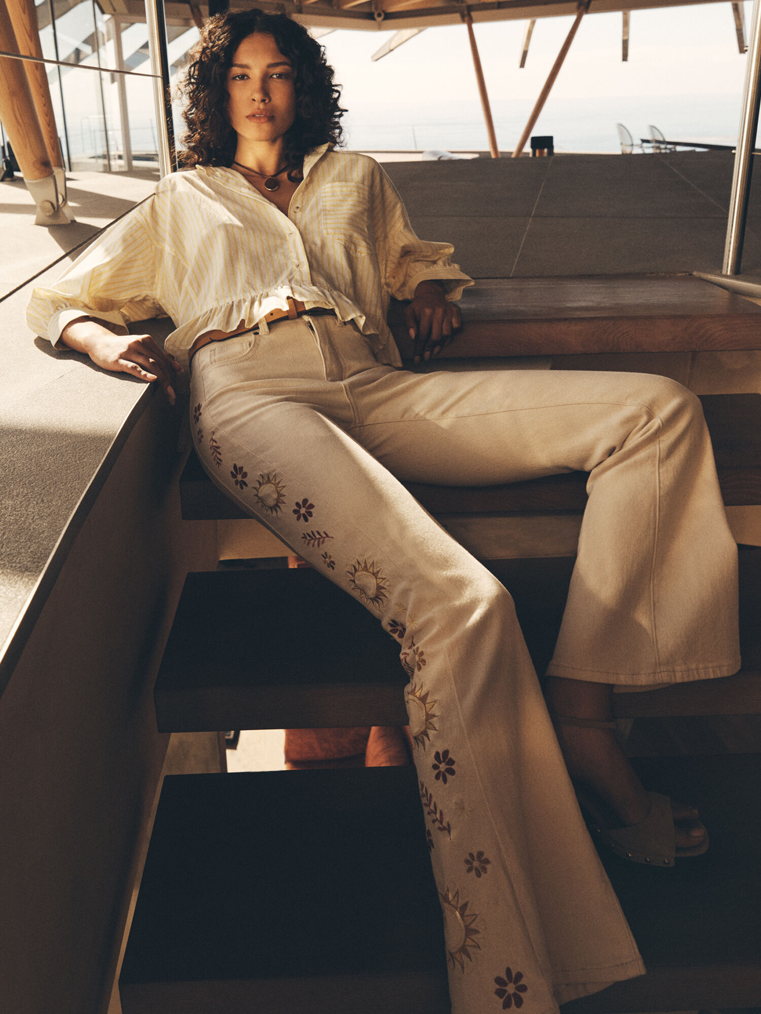 Lulu Floral Embroidered Cotton Flare Jeans | Apricot Clothing