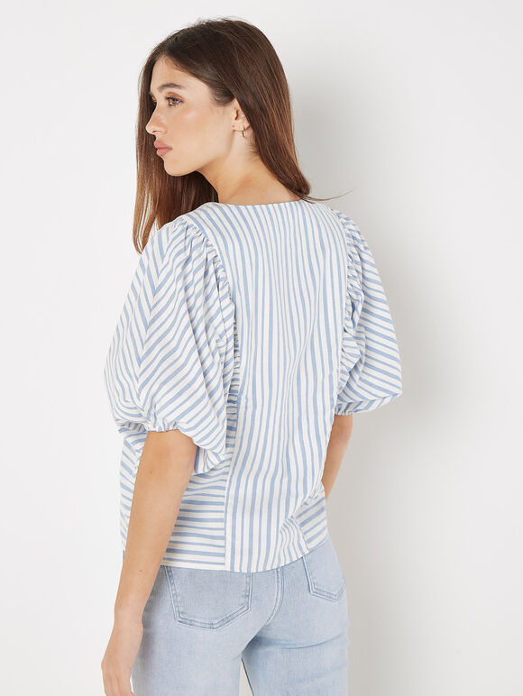 Stripe Balloon Sleeve Cotton Shirt, Blue, large