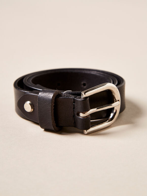 Leather Silver Buckle Belt, Black, large