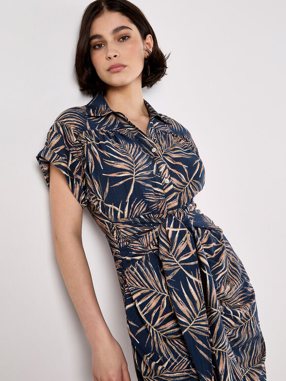 Palm Leaf Shirt Midi Dress, Navy, large