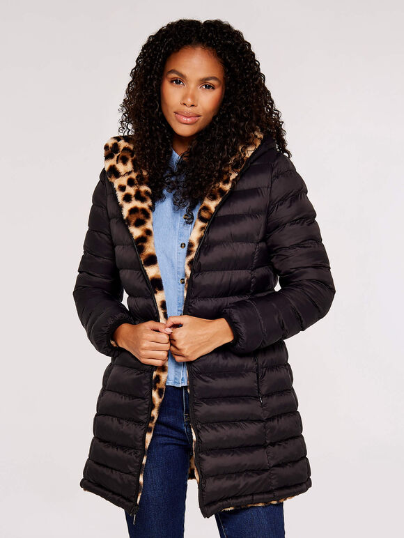 Reversible Leopard Faux Fur Puffer Coat, Black, large