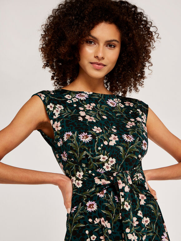 Floral Animal Tie Front Dress, Green, large