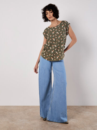 Bird Print Graphic Woven T-Shirt
