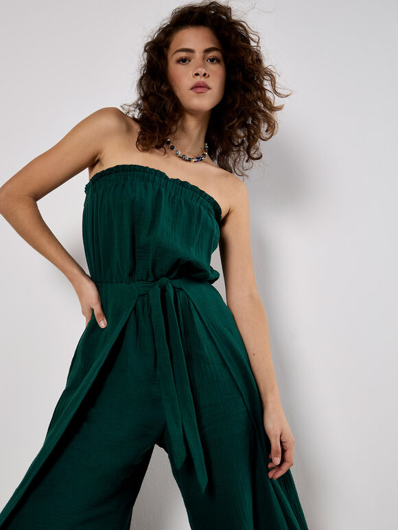 Cotton Wrap Bandeau Jumpsuit, Green, large