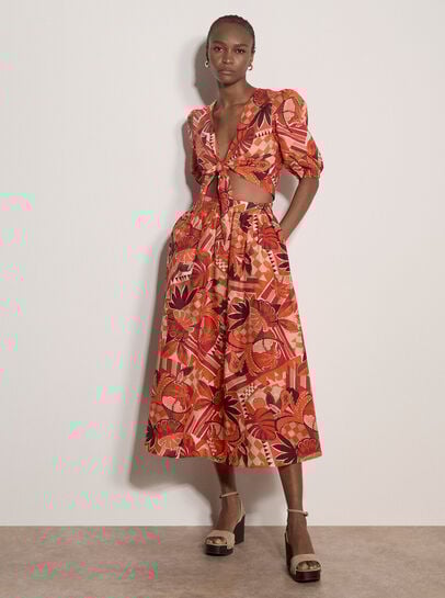 Tropical Leaf Patchwork Tie Front Top