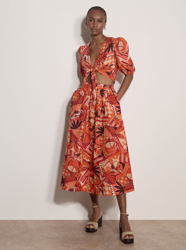 Tropical Leaf Patchwork Tie Front Top, Red, large