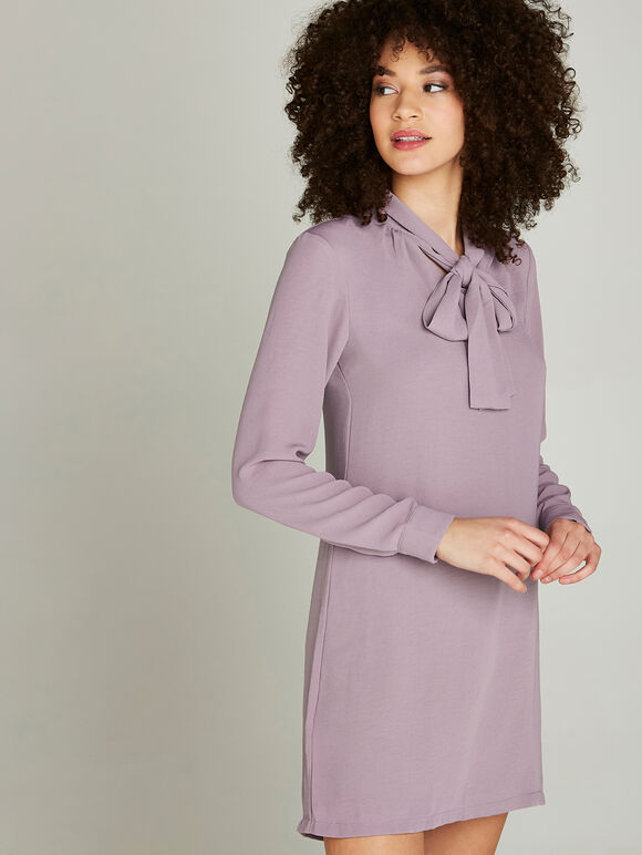 Pussybow Neck Detail Shift Dress, Lilac, large