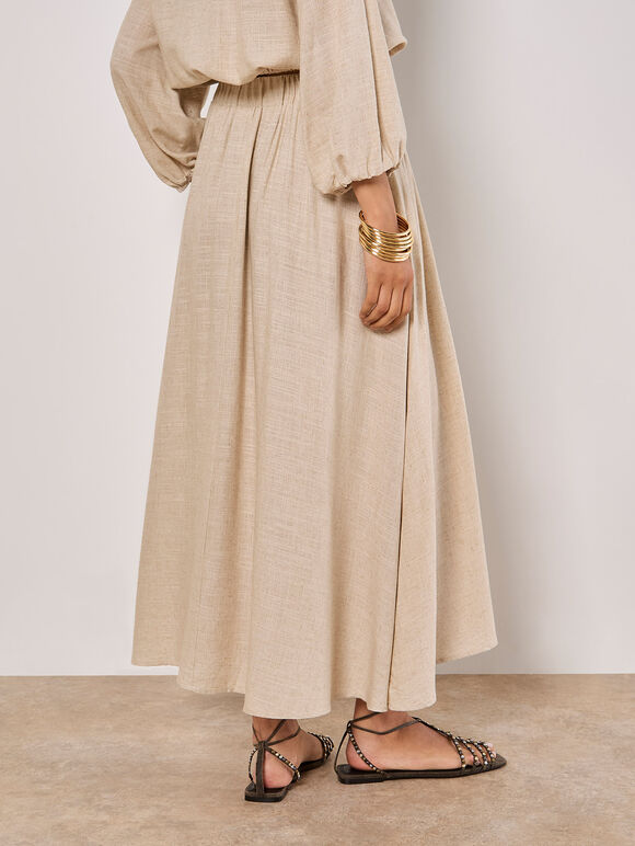 Linen Pleated Midi Skirt, Stone, large