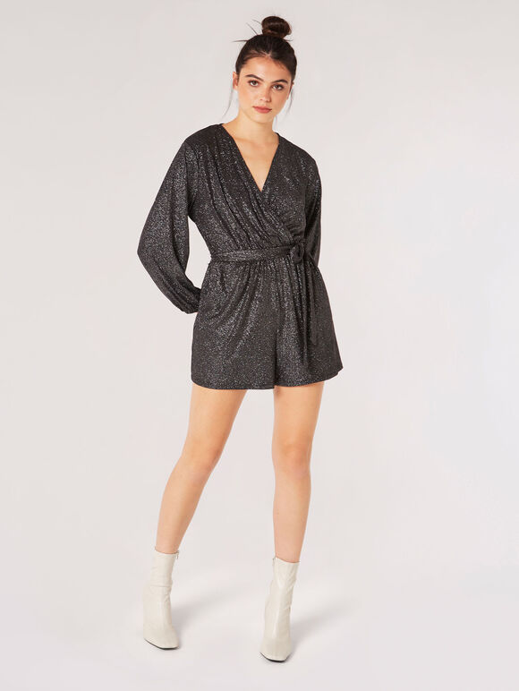 Metallic Shimmer Wrap Playsuit , Silver, large