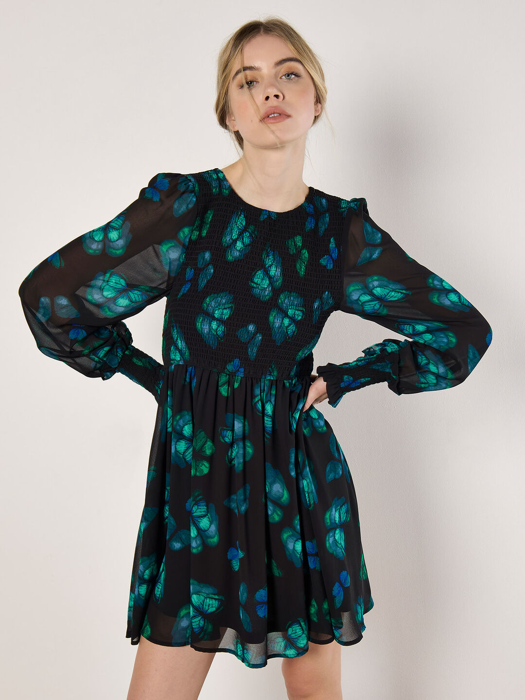 sachin and babi light blue dress Chiffon Ruffle Sleeve Ruched A-Line Dress