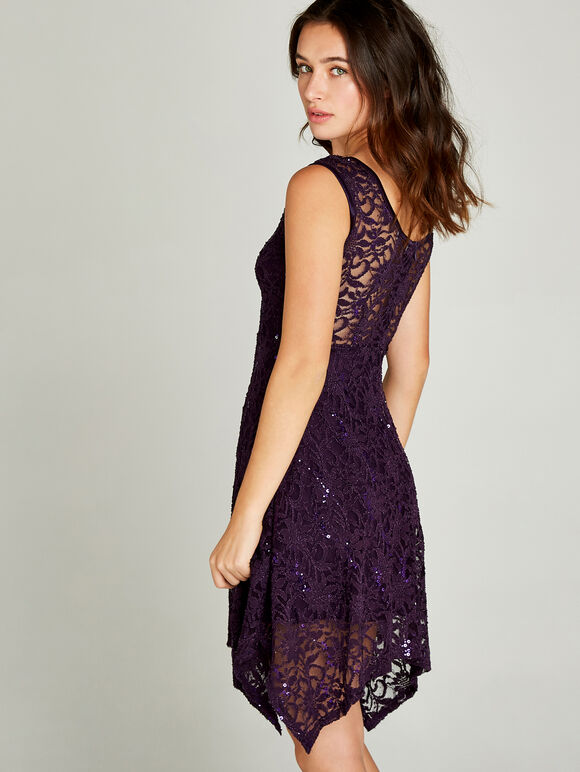 Sequin Lace Hanky Hem Skater Dress, Purple, large