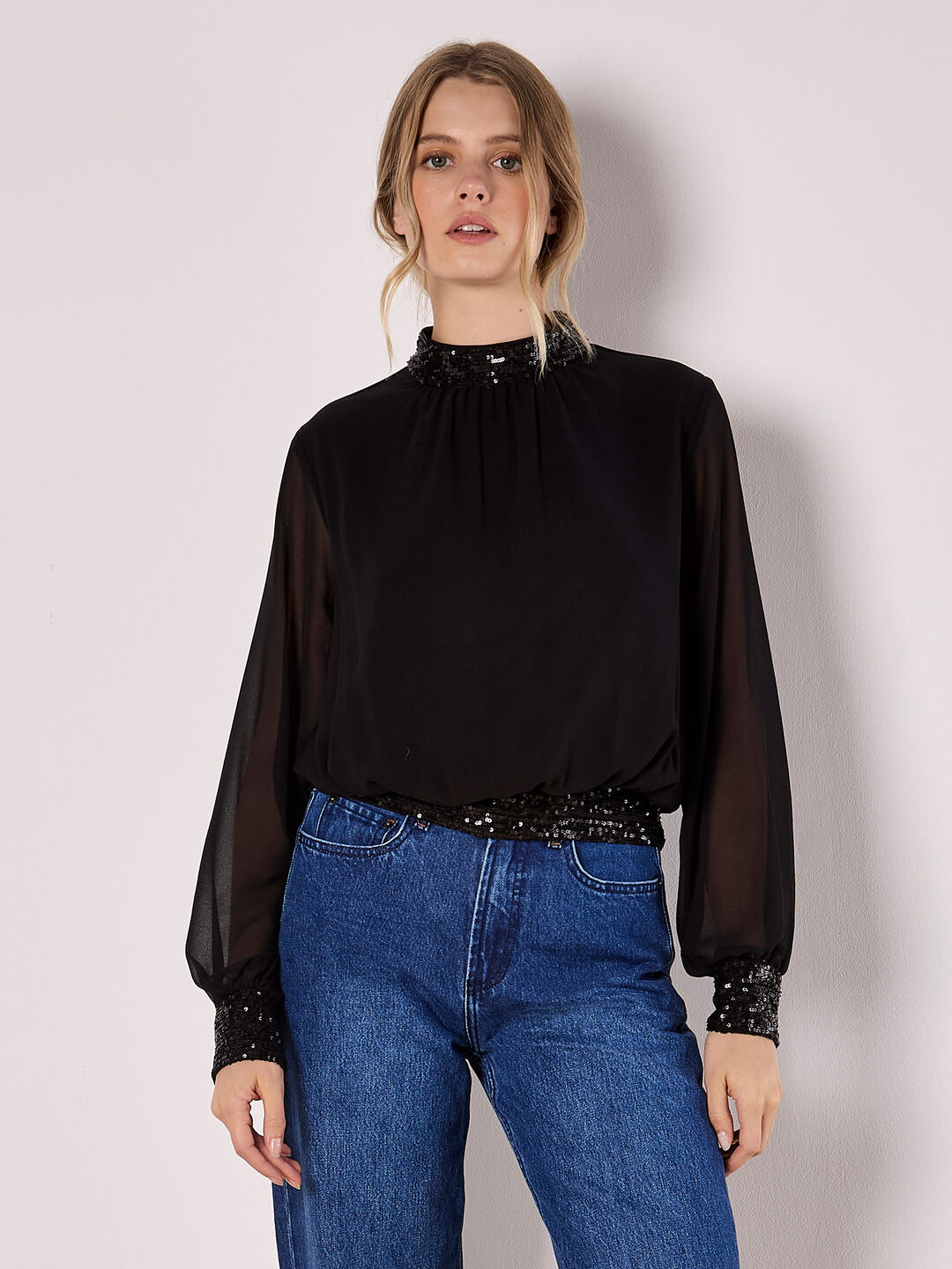 Image of Sequin Trim Chiffon Top