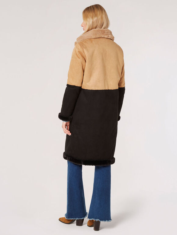 Reversible Suede Faux Fur Coat, Stone, large