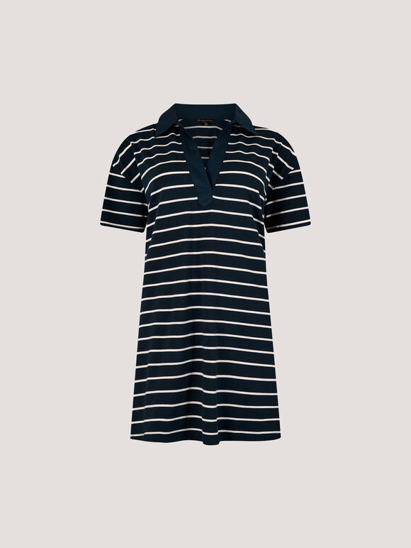 Cotton Stripe Polo Mini Dress, Navy, large
