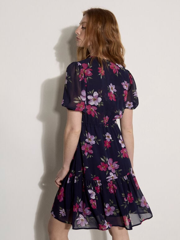 Floral Rose Chiffon Mini Dress, Navy, large